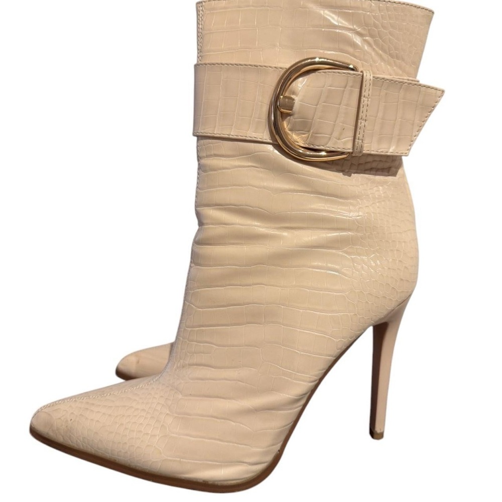 Ivory croc print ankle boots with gold buckle
